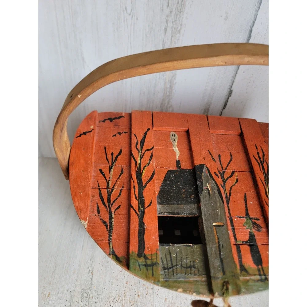 Unique vintage wooden trick or treat Halloween basket candy slot haunted house